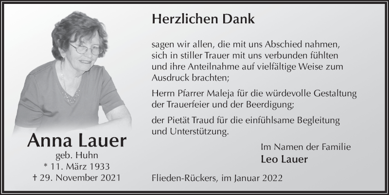  Traueranzeige für Anna Lauer vom 12.01.2022 aus FZ