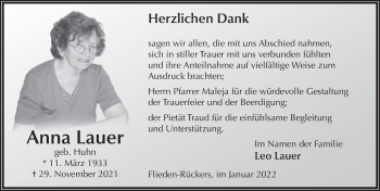 Traueranzeige von Anna Lauer von FZ