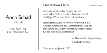Traueranzeige von Anna Schad von FZ