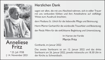 Traueranzeige von Anneliese Fritz von FZ