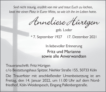 Traueranzeige von Anneliese Hürtgen von FZ