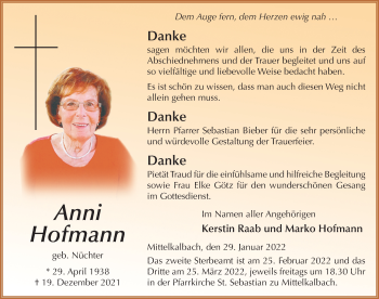 Traueranzeige von Anni Hofmann von FZ