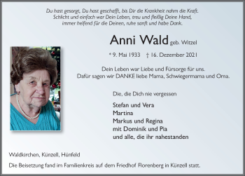 Traueranzeige von Anni Wald von FZ