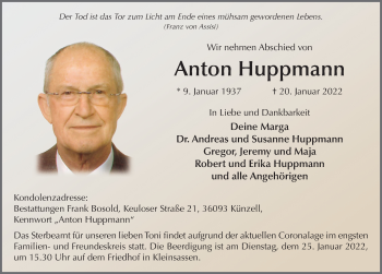 Traueranzeige von Anton Huppmann von FZ