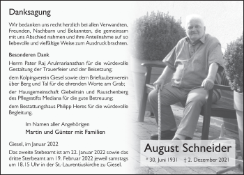 Traueranzeige von August Schneider von FZ
