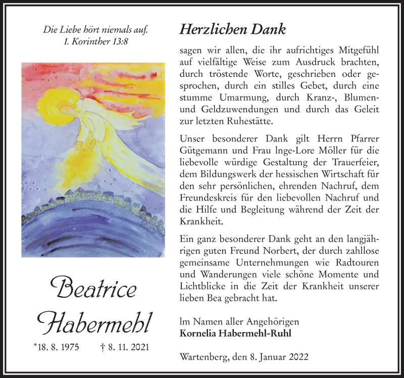  Traueranzeige für Beatrice Habermehl vom 08.01.2022 aus FZ