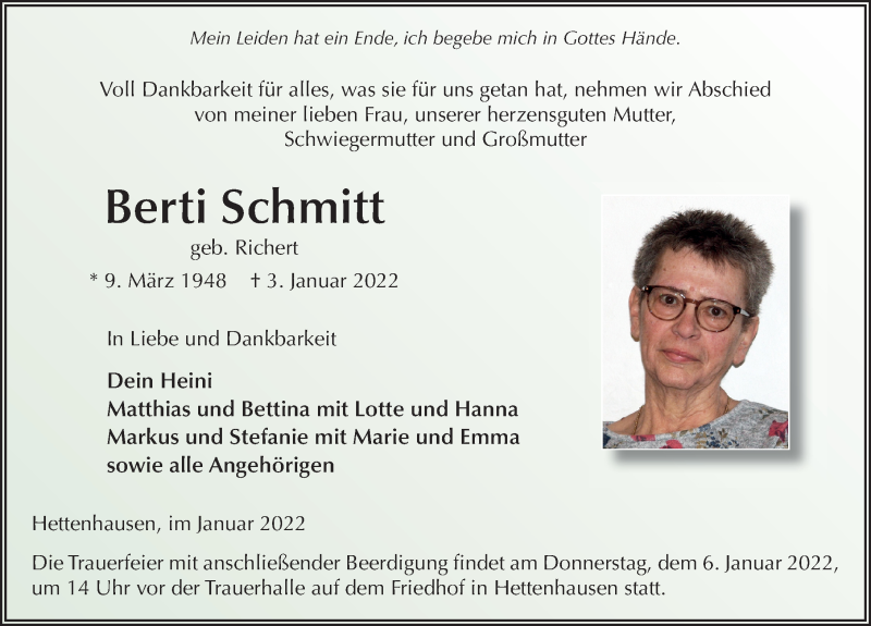 Traueranzeige für Berti Schmitt vom 05.01.2022 aus FZ