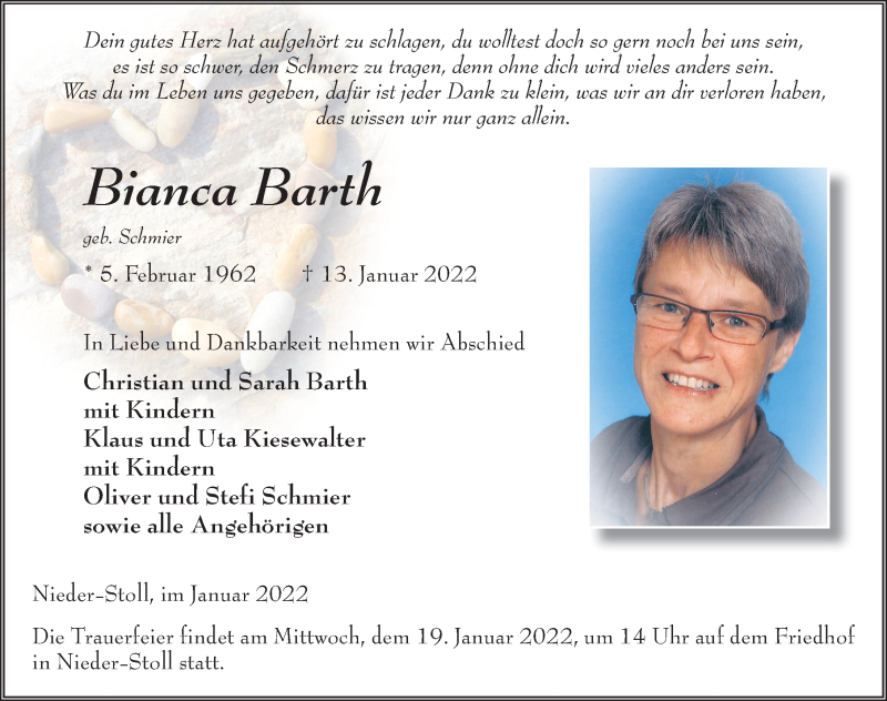  Traueranzeige für Bianca Barth vom 17.01.2022 aus FZ