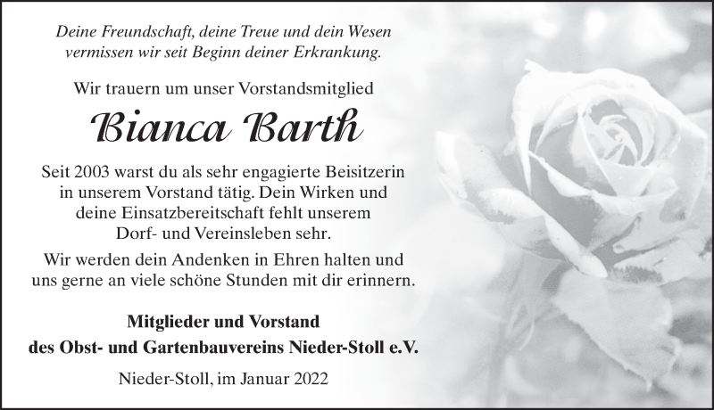  Traueranzeige für Bianca Barth vom 17.01.2022 aus FZ