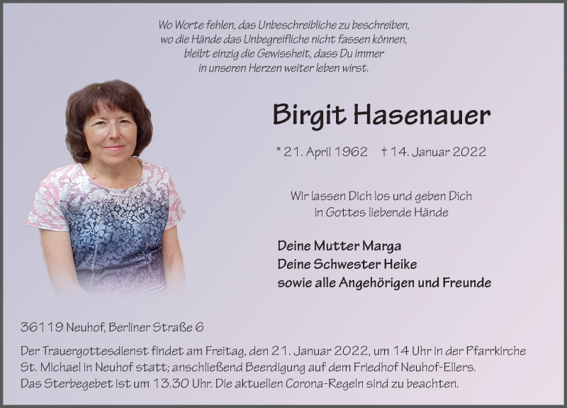  Traueranzeige für Birgit Hasenauer vom 19.01.2022 aus FZ