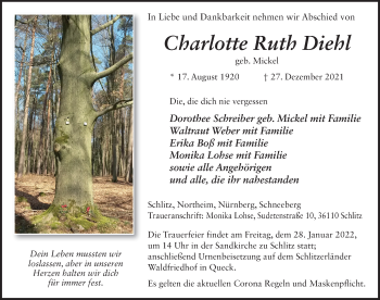 Traueranzeige von Charlotte Ruth Diehl von FZ