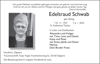 Traueranzeige von Edeltraud Schwab von FZ