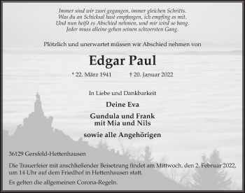 Traueranzeige von Edgar Paul von FZ