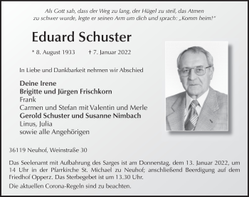 Traueranzeige von Eduard Schuster von FZ