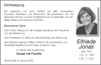 Traueranzeige von Elfriede Jonas von FZ