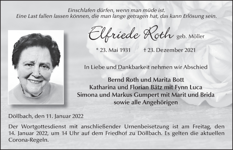  Traueranzeige für Elfriede Roth vom 11.01.2022 aus FZ