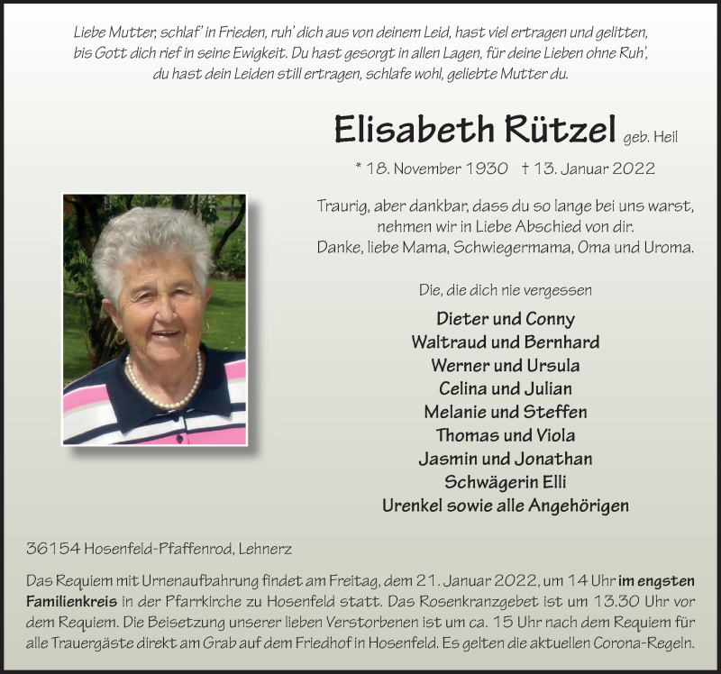  Traueranzeige für Elisabeth Rützel vom 19.01.2022 aus FZ