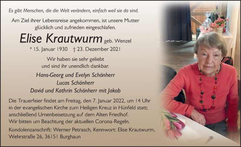  Traueranzeige für Elise Krautwurm vom 04.01.2022 aus FZ