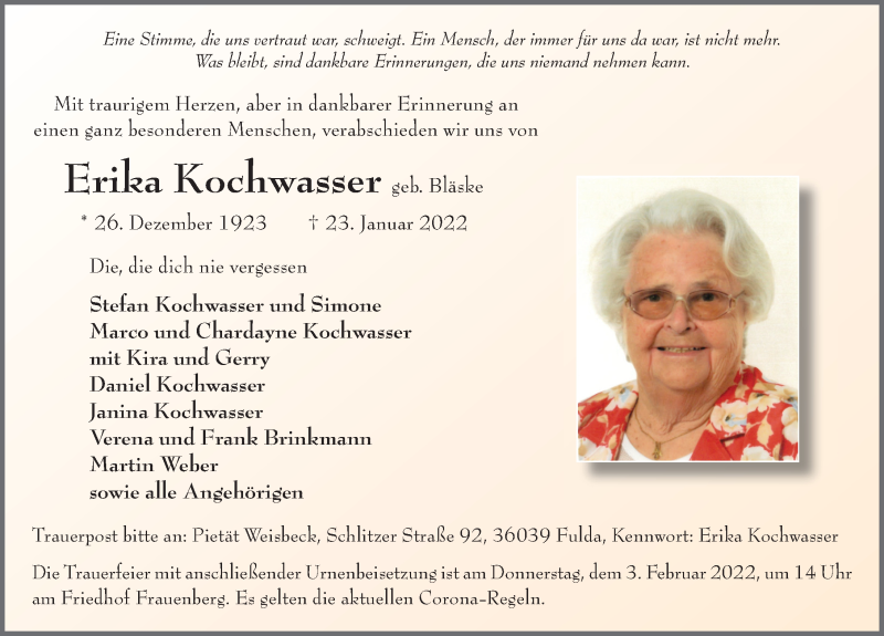  Traueranzeige für Erika Kochwasser vom 29.01.2022 aus FZ