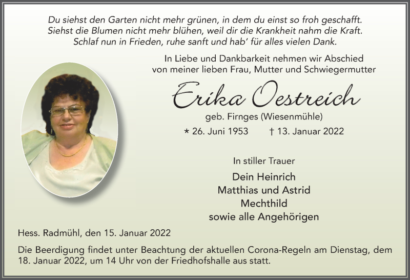  Traueranzeige für Erika Oestreich vom 15.01.2022 aus FZ