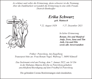 Traueranzeige von Erika Schwarz von FZ