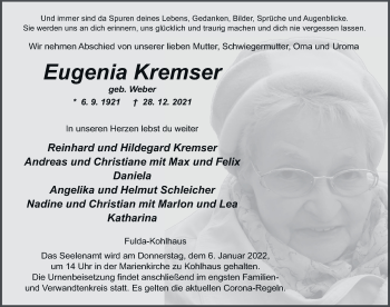 Traueranzeige von Eugenia Kremser von FZ