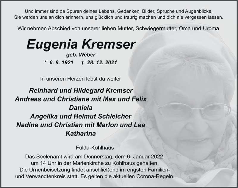  Traueranzeige für Eugenia Kremser vom 03.01.2022 aus FZ