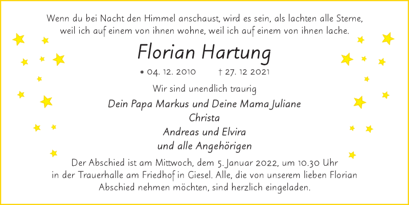  Traueranzeige für Florian Hartung vom 03.01.2022 aus FZ