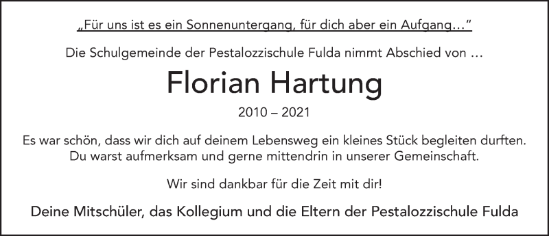  Traueranzeige für Florian Hartung vom 03.01.2022 aus FZ