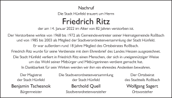 Traueranzeige von Friedrich Ritz von FZ