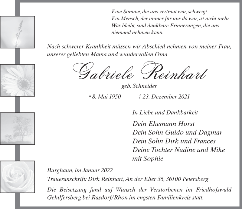  Traueranzeige für Gabriele Reinhart vom 22.01.2022 aus FZ