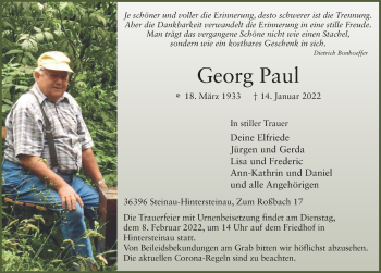 Traueranzeige von Georg Paul von FZ
