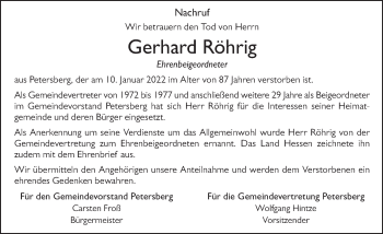 Traueranzeige von Gerhard Röhrig von FZ