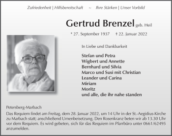 Traueranzeige von Gertrud Brenzel