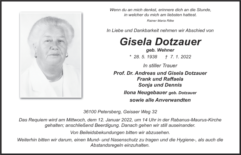  Traueranzeige für Gisela Dotzauer vom 11.01.2022 aus FZ