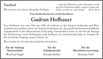 Traueranzeige von Gudrun Hofbauer von FZ