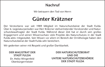 Traueranzeige von Günter Krätzner von FZ