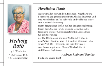 Traueranzeige von Hedwig Roth von FZ