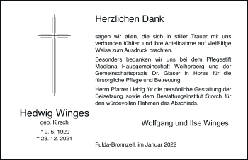 Traueranzeige von Hedwig Winges von FZ