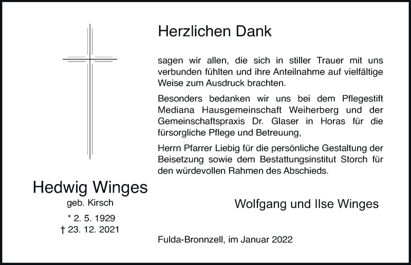  Traueranzeige für Hedwig Winges vom 15.01.2022 aus FZ