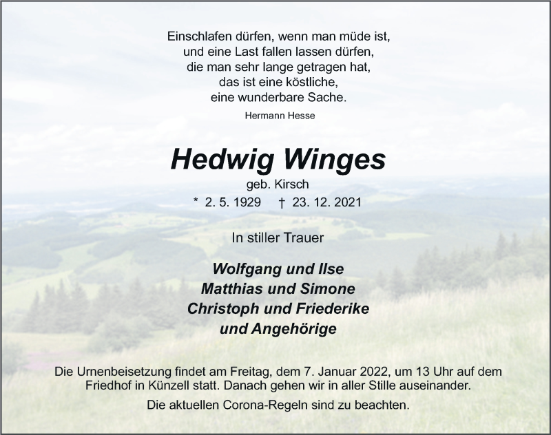  Traueranzeige für Hedwig Winges vom 04.01.2022 aus FZ