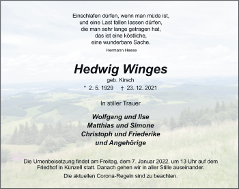 Traueranzeige von Hedwig Winges von FZ