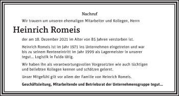 Traueranzeige von Heinrich Romeis von FZ