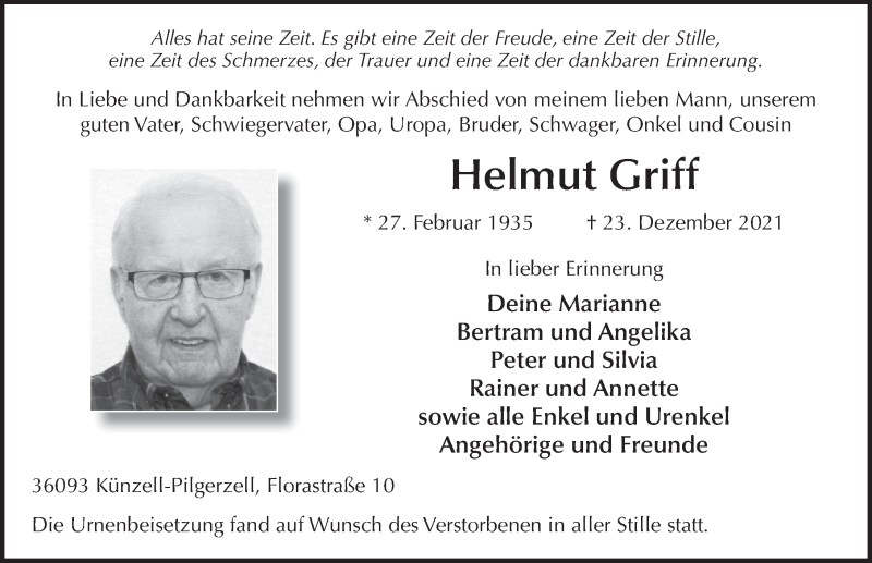  Traueranzeige für Helmut Griff vom 05.01.2022 aus FZ