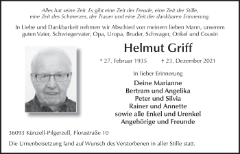 Traueranzeige von Helmut Griff von FZ