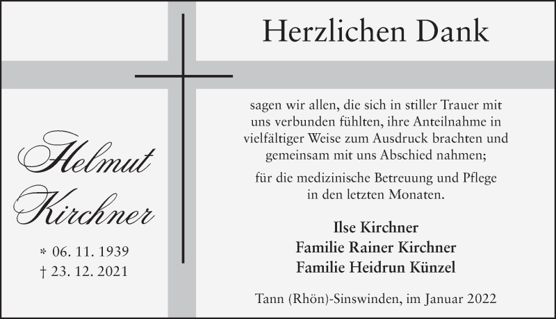  Traueranzeige für Helmut Kirchner vom 15.01.2022 aus FZ