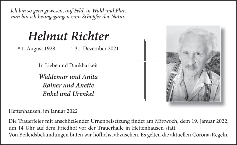  Traueranzeige für Helmut Richter vom 17.01.2022 aus FZ