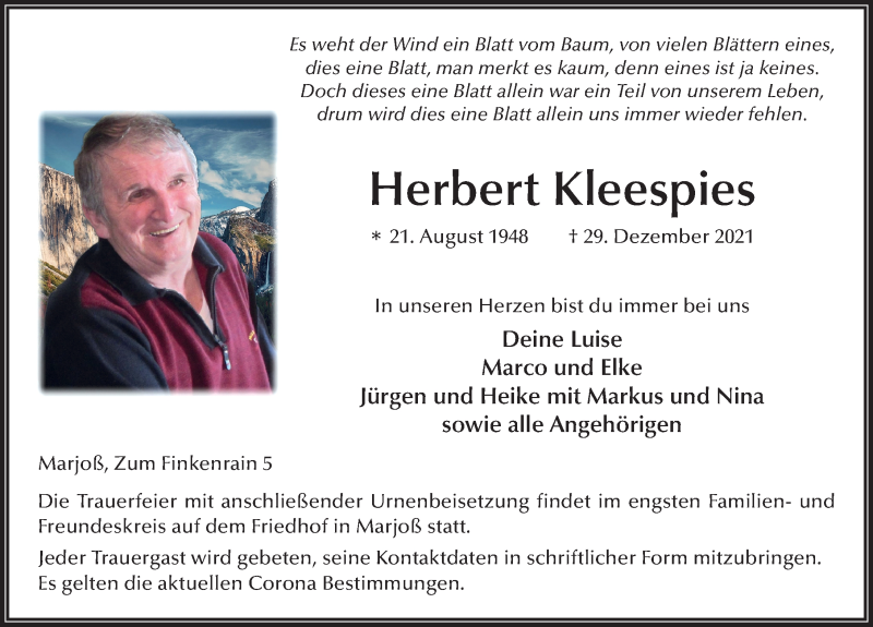  Traueranzeige für Herbert Kleespies vom 07.01.2022 aus FZ