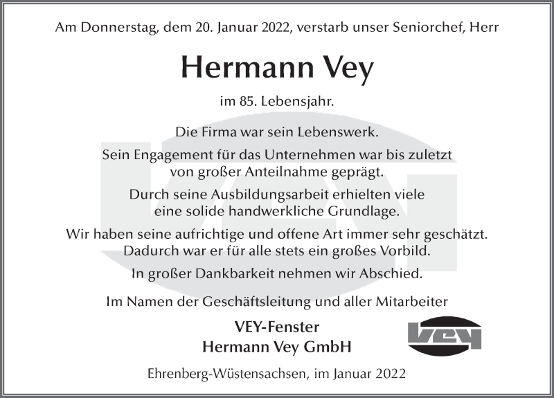  Traueranzeige für Hermann Vey vom 22.01.2022 aus FZ