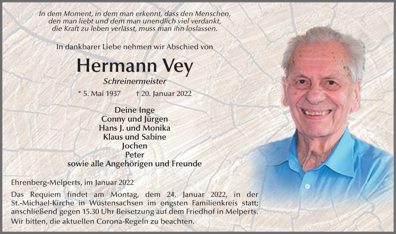  Traueranzeige für Hermann Vey vom 22.01.2022 aus FZ